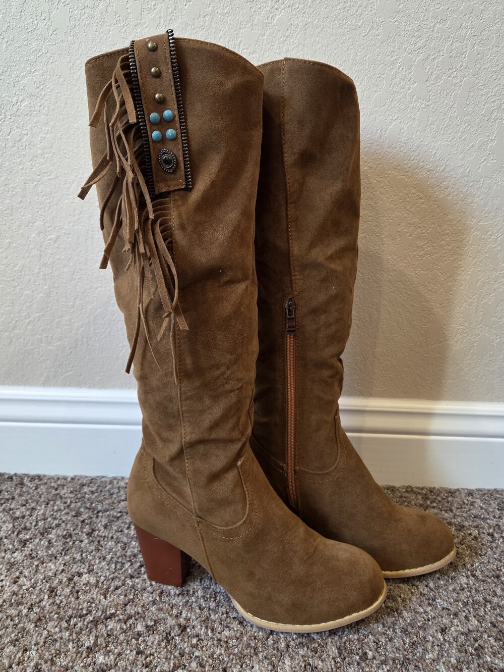 Women’s Brown Suede Fringe Knee Cowgirl Boots Western Turquoise - Size 39